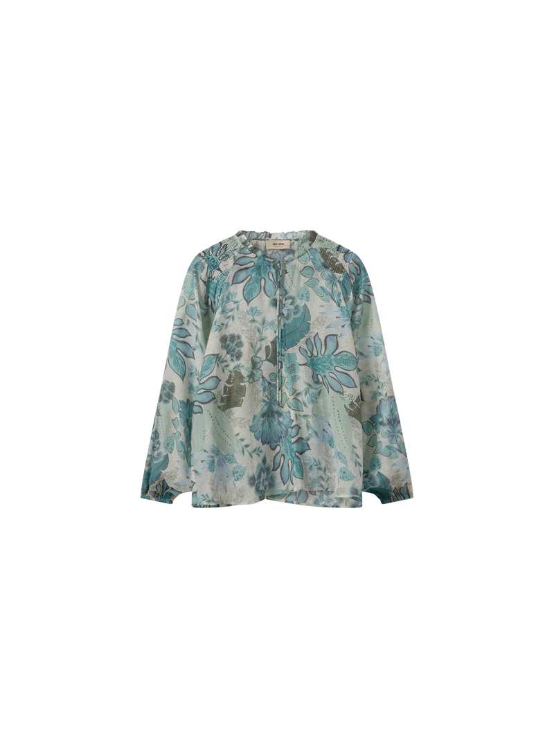 front View Mos Mosh Eisa Sarasa blouse. This trendy and flattering blouse is crafted in a floral print.  Front draw string neck line with elastic detail at wrists.Light weight feminine comfortable fabric.