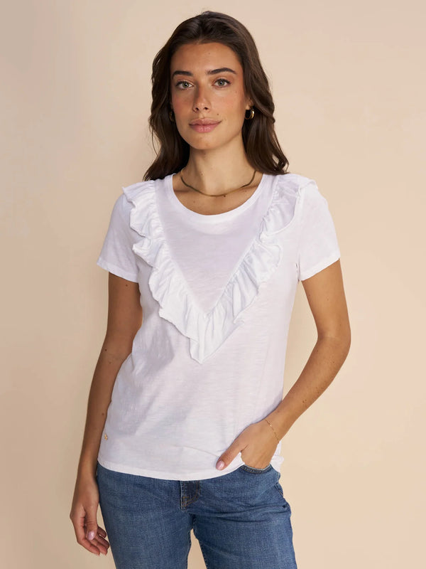 This Mos Mosh Lobo ss top is a white round neck t shirt with a v shape front frill.  Light weight cotton. this fun top is a great statement piece for a casual office outfits . Elevate your style with this stylish comfortable top. Available at REDVELVET clothing for women
