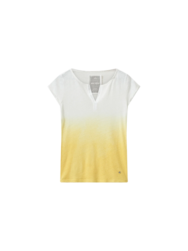From Mosh Mosh the must have cotton linen t shirt is now revemp with this dip dye look. from white to yellow a cute style for the warmer weather. To pair with your denim skirt or your favorite jeans