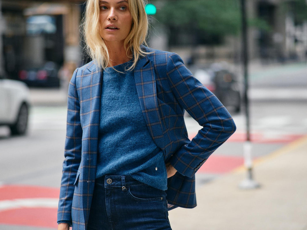 from MosMos the new Fall blazer style Mary Mora Blazer.  Blue plaid fitted blazer with a small rust line. Paired with the Tammy Thora crew neck knit 