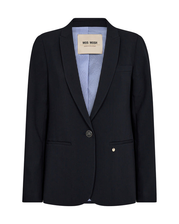 MosMosh Anine Lea blazer It features a longer cut with a narrow notch lapel and a single embossed logo button for a polished finish. The striped lining adds the perfect final touch