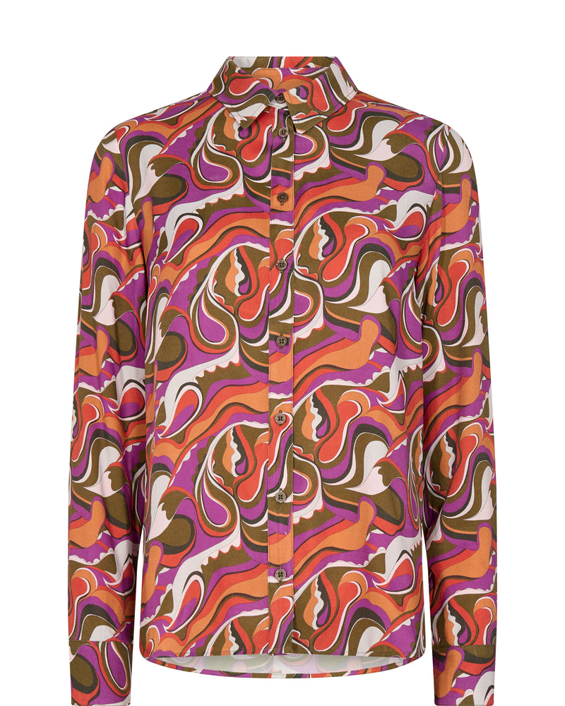 front view Mosh Mosh Taylor privot shirt in a mutli swirl pattern