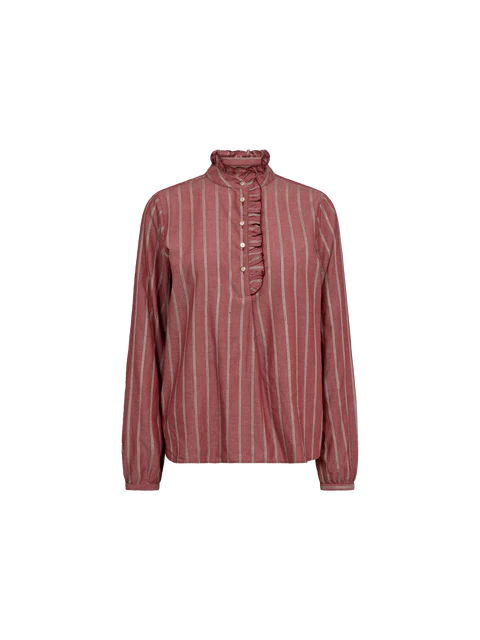 from Mosh Mosh this stripe blouse with a front detailed buttoned closure.  for the new fall season in a soft garnet colour.