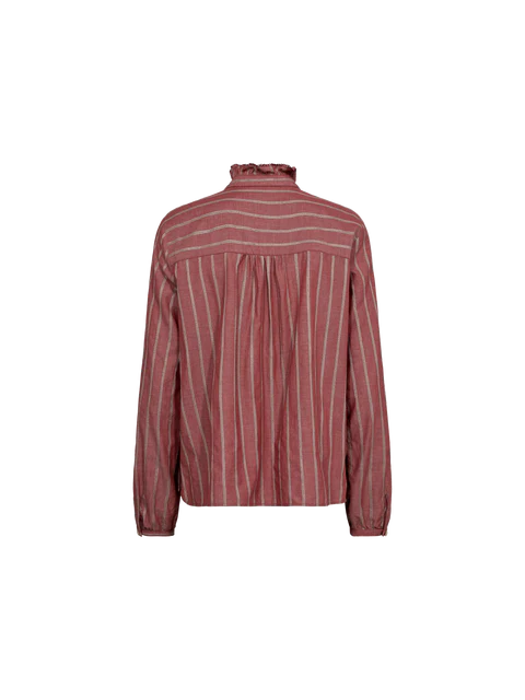 from Mosh Mosh this stripe blouse with a front detailed buttoned closure.  for the new fall season in a soft garnet colour. back view