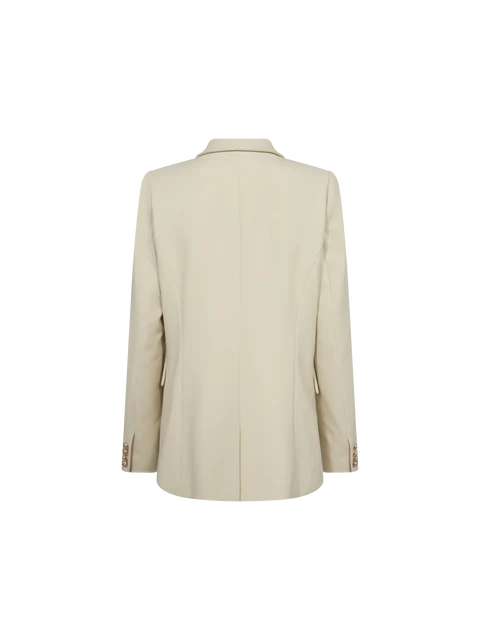 back view. This blazer pays tribute to the timeless style of MOS MOSH. Crafted in a double-breasted design, it boasts an elongated and oversized silhouette, adorned with exquisite gold-embossed buttons. 