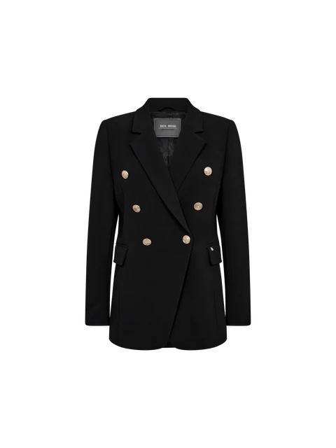 front view, This blazer pays tribute to the timeless style of MOS MOSH. Crafted in a double-breasted design, it boasts an elongated and oversized silhouette, adorned with exquisite gold-embossed buttons. 