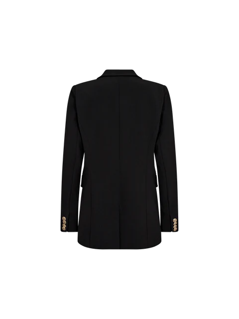 back view, This blazer pays tribute to the timeless style of MOS MOSH. Crafted in a double-breasted design, it boasts an elongated and oversized silhouette, adorned with exquisite gold-embossed buttons. 