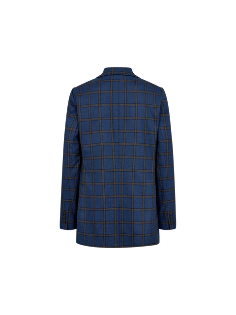 from Mos Mosh, Elegant check blazer, tailored in a relaxed, elongated silhouette. Featuring double-button closure, rounded hem, and flap pockets. Versatile enough to elevate any jeans-and-tee outfit with effortless style.