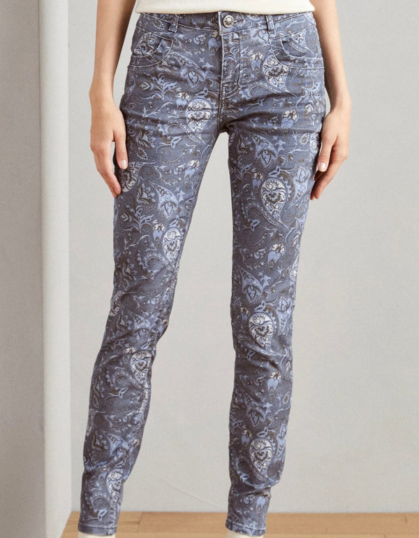 Mos Mosh Naomi paisley pant. Slim stretchy flattering pant with a paisley blue tone pattern.  Slimming cut, regular lenght.  If you are looking for a great piece to add to your waredrobe, this is the pant you  want to wear.  You'll be surprise how easy this pant will pair with many tops and blazers. 