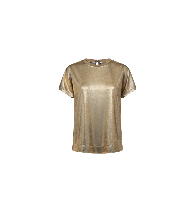 mosmosh Nivola foil tee  shiny gold  short sleeve top round neck.  Looser fit. dressy sohysticated style. Front