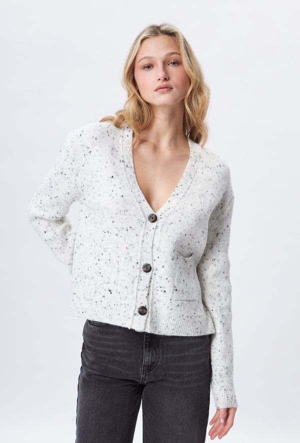 short cardigan with 3 buttons.  very soft mix yarn. good fit available for a casual look. 
