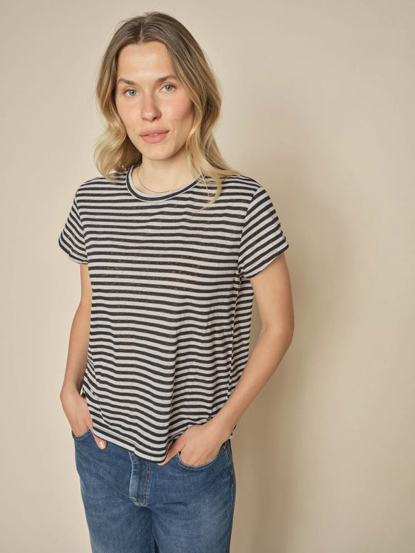 A striped tee is always a smart choice, and this one nails it. With its relaxed fit and classic stripes, plus a cool burnout look, it's effortlessly stylish. Pair with matching tailoring or jeans and a blazer for a timeless office vibe. full view