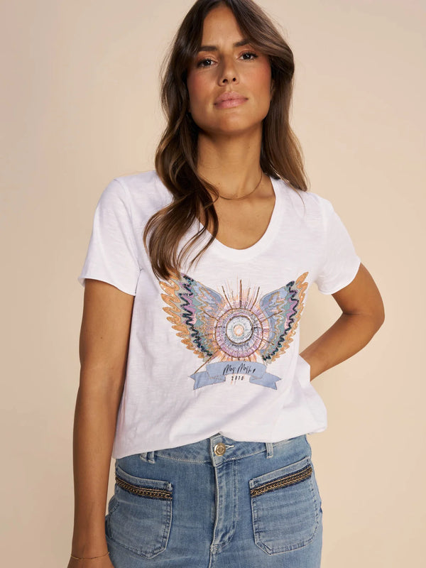 Mos Mosh Gethi Deco Tee.  Round neck white t shirt with front  chic glitter  beaded designs. Regular fit