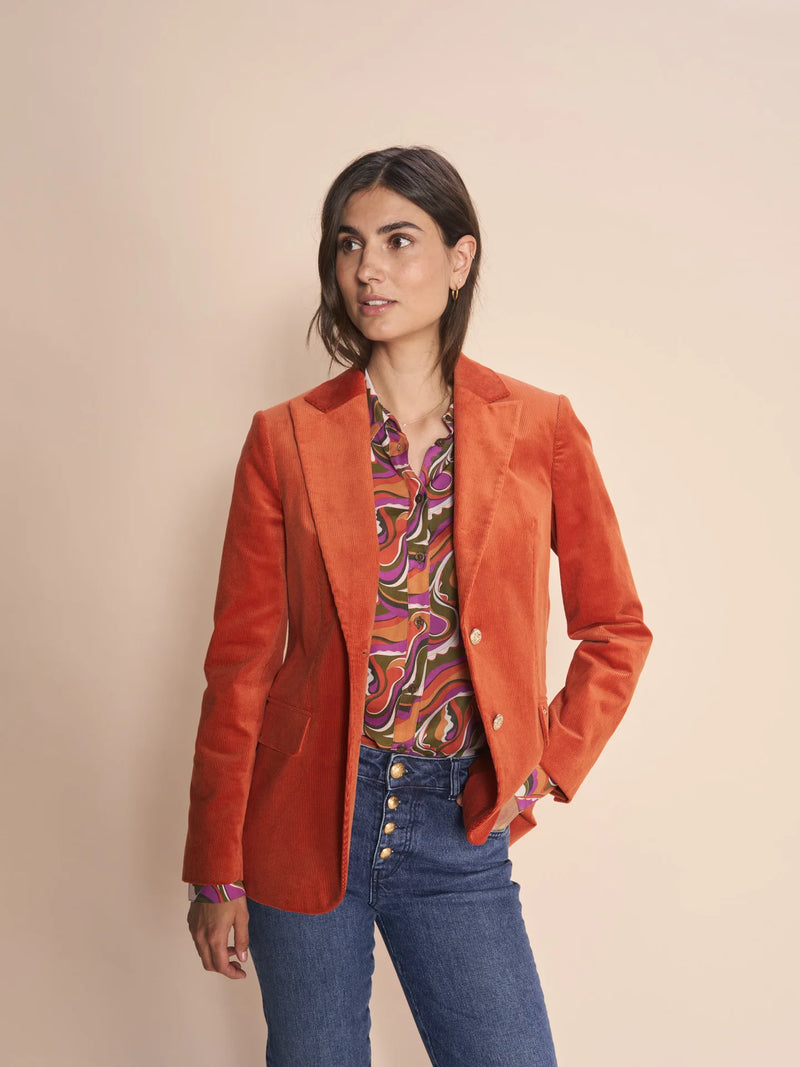 Classic outfitt from Mos Mosh a bold pattern shirt paired with a fine corduroy blazer.  This Fall look is available at REDVELVET clothing for women