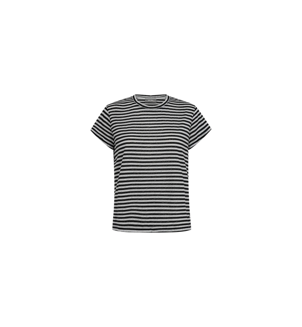 A striped tee is always a smart choice, and this one nails it. With its relaxed fit and classic stripes, plus a cool burnout look, it's effortlessly stylish. Pair with matching tailoring or jeans and a blazer for a timeless office vibe. front view