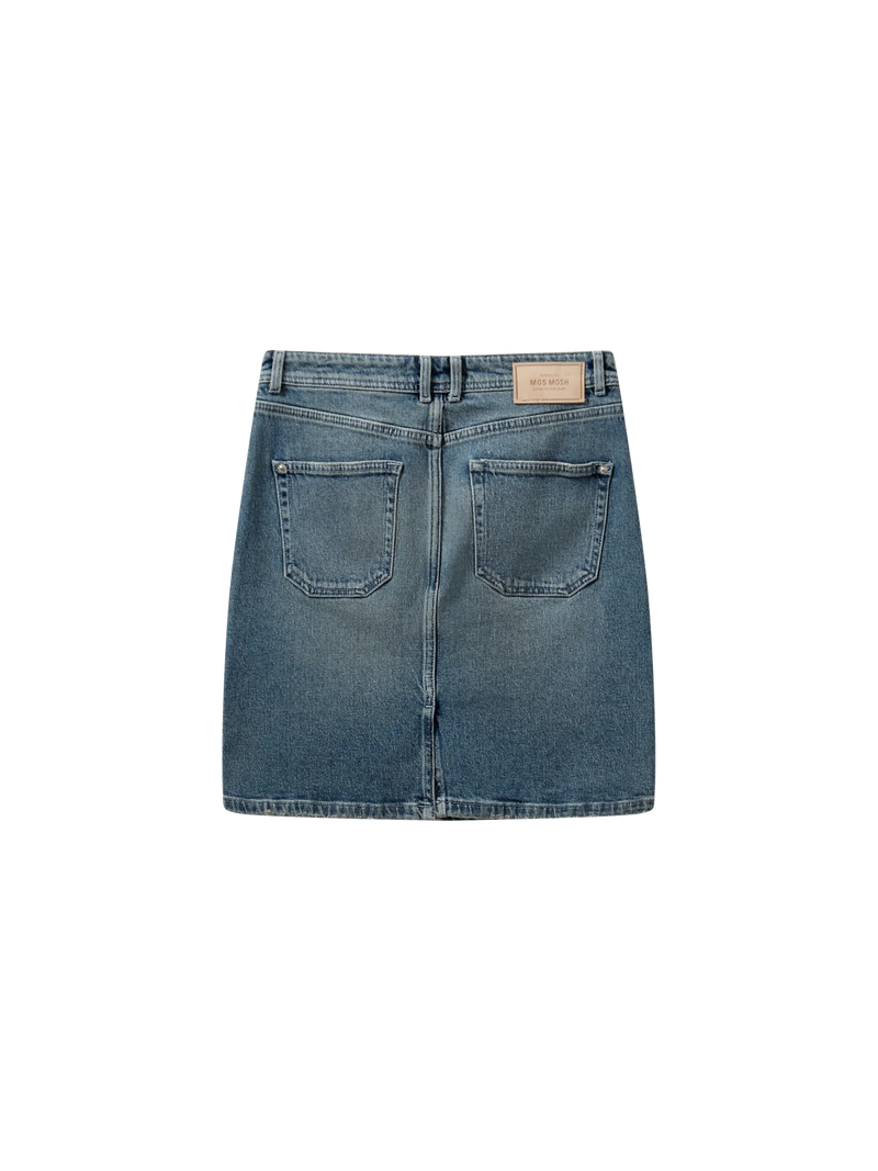 Elevate your style with this chic denim skirt. It features pockets, understated slits at the back, and a leather badge for that extra flair. Pair it effortlessly with statement tees, cozy chunky knits, or classic shirts to create a range of stylish looks.