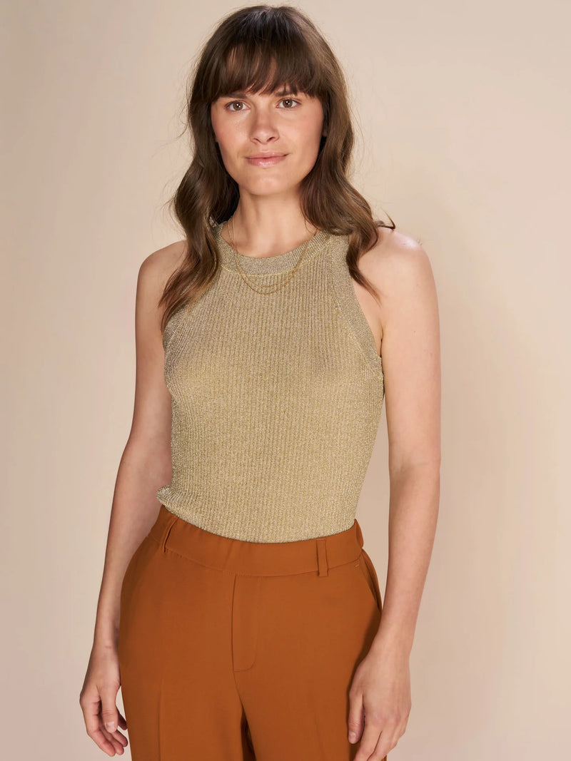 Gold sleeveless stetchy ribbed top in a mix a stunning lurex blend. Wear with a jeans or a chic skirt or pant. Perfect going out top  