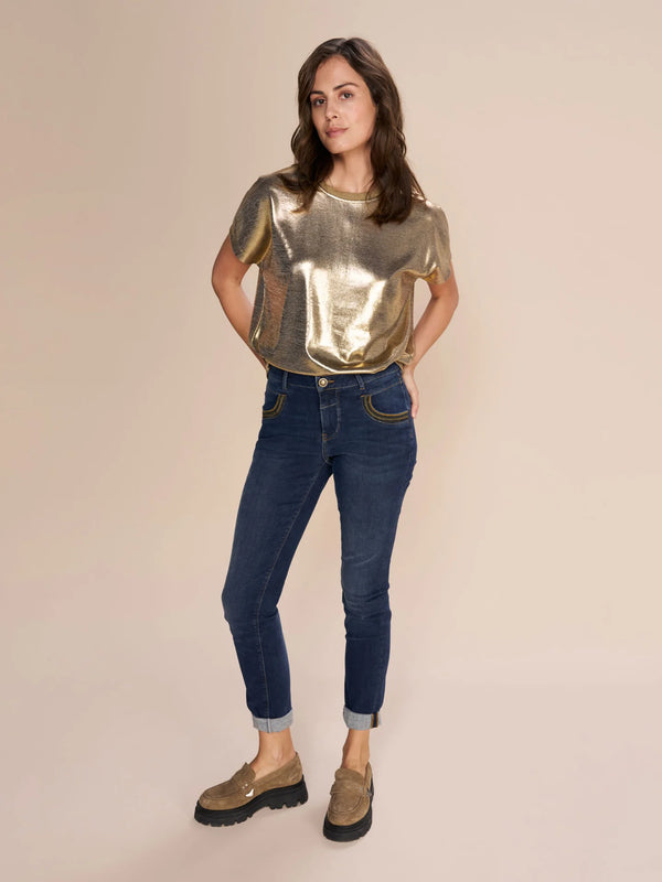mosmosh Nivola foil tee  shiny gold  short sleeve top round neck. tucked in jeans. Looser fit. dressy sohysticated style. 