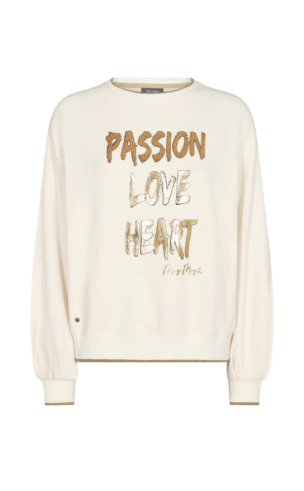 The perfect combination between feminine and casual cool. This sweatshirt has a loose fit, detailed with MOSMOSH lettering across the chest and ribbed trims. The wide balloon sleeves gives a cool feminine look. 